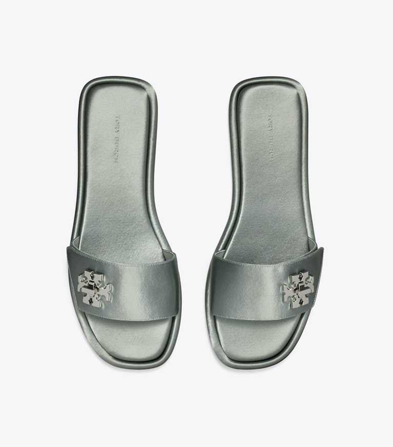 Tory Burch designer sandals Turnlock Slide in VINTAGE STEEL BLUE overhead