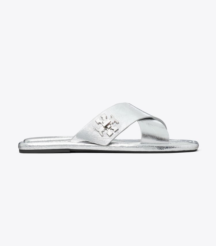 Tory Burch designer sandals Turnlock Slide in SHINY SILVER side