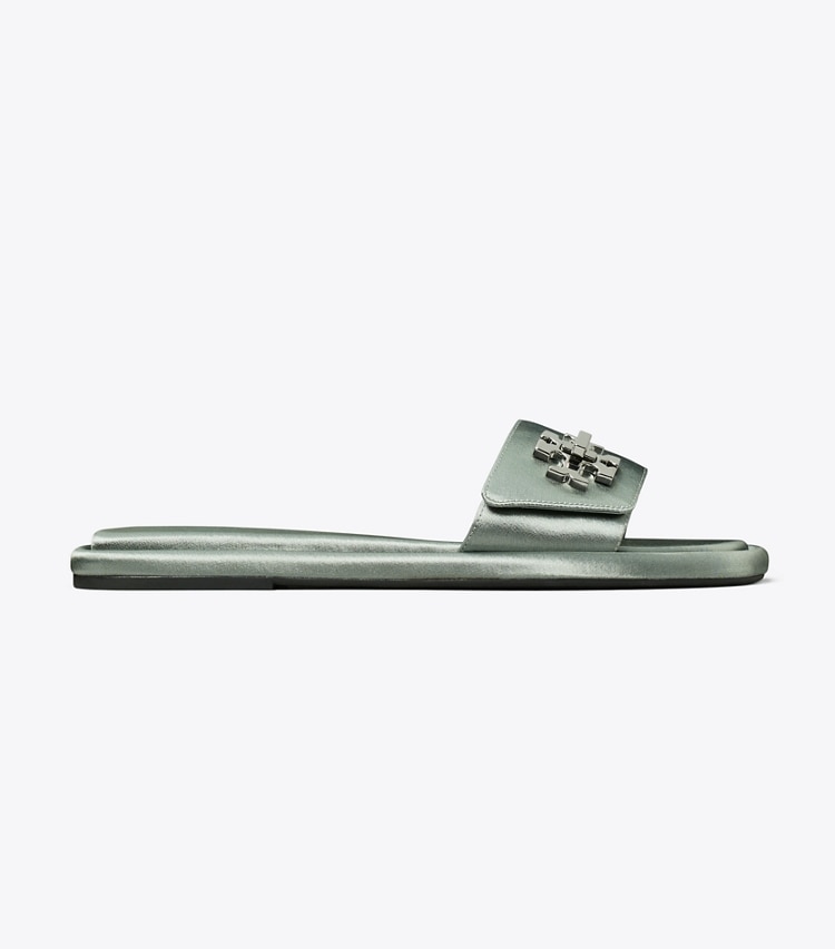Tory Burch designer sandals Turnlock Slide in VINTAGE STEEL BLUE side