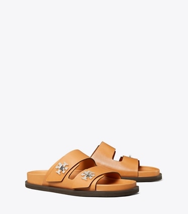 Tory Burch designer sandales Turnlock Sport Slide in CAMELLO angle