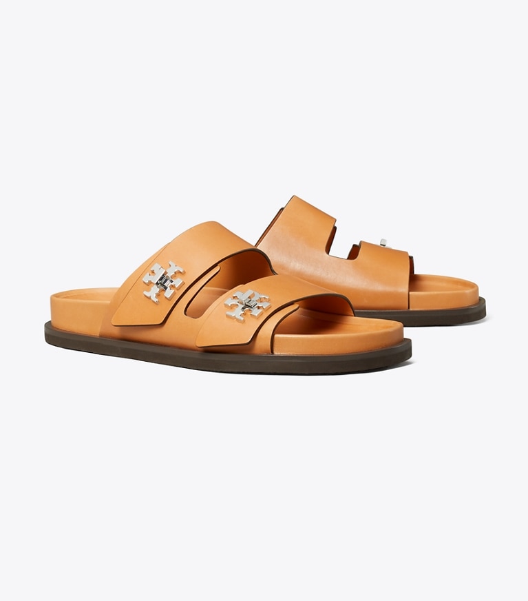 Tory Burch designer sandals Turnlock Sport Slide in CAMELLO angle