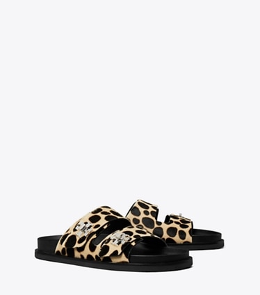 Tory Burch designer sandals Turnlock Sport Slide in TRENCH / PERFECT BLACK angle