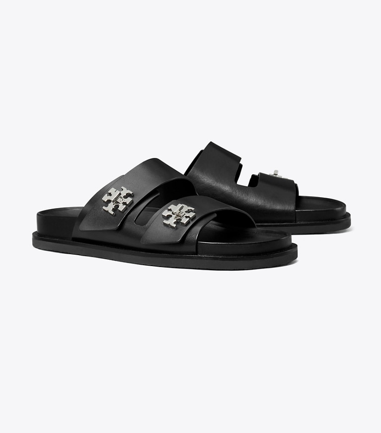 Tory Burch designer sandals Turnlock Sport Slide in PERFECT BLACK angle