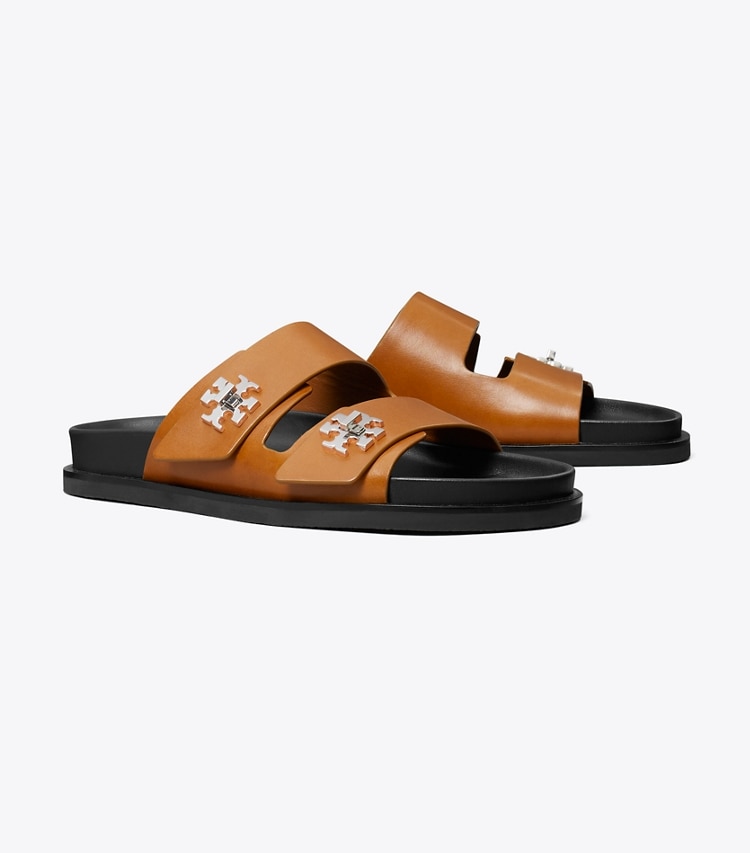 Tory Burch designer sandals Turnlock Sport Slide in CLASSIC CUOIO angle