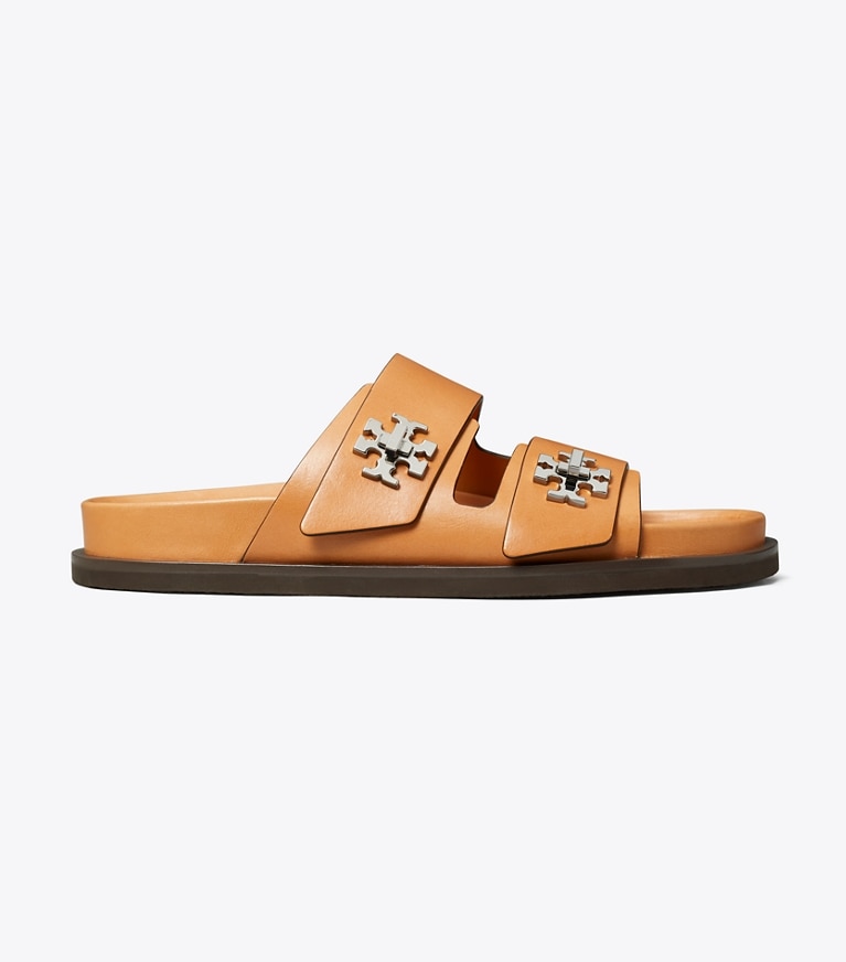 Tory Burch designer sandals Turnlock Sport Slide in CAMELLO angle