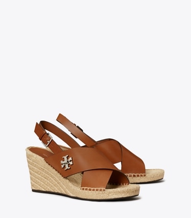 Tory Burch designer espadrilles Turnlock Wedge Espadrille in CLASSIC CUOIO angle