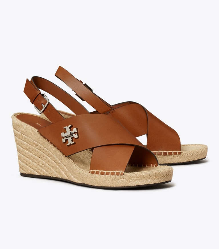 Tory Burch designer espadrilles Turnlock Wedge Espadrille in CLASSIC CUOIO angle