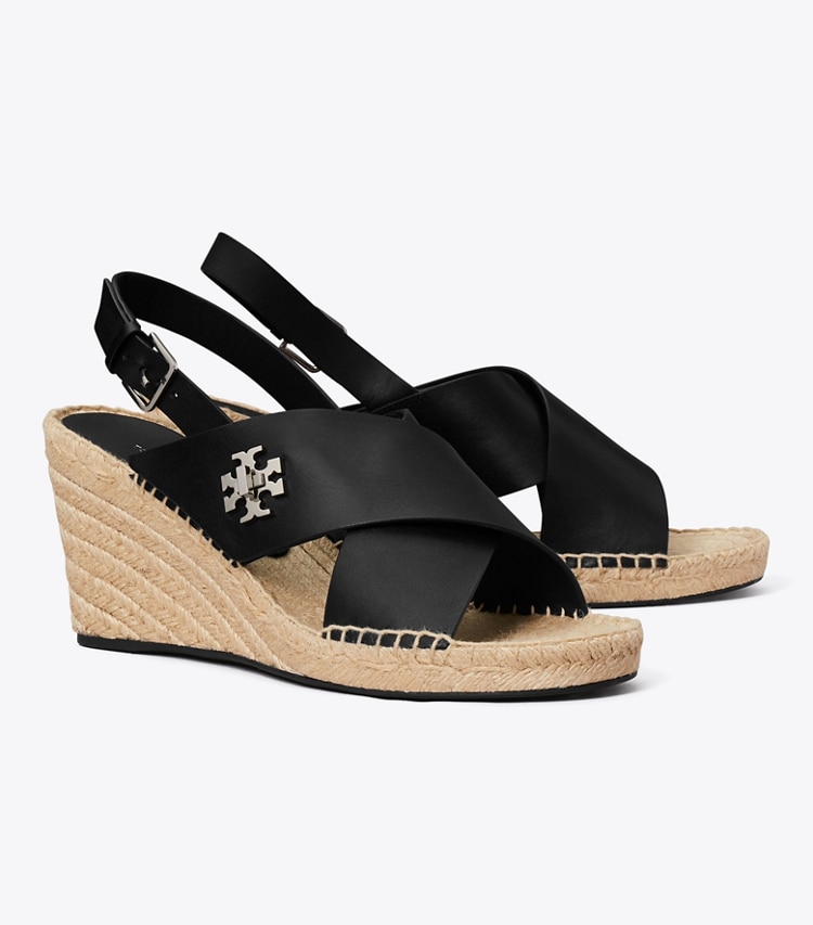 Tory Burch designer espadrilles Turnlock Wedge Espadrille in PERFECT BLACK angle