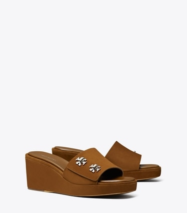 Tory Burch designer sandals Turnlock Wedge Sandal in COGNAC BROWN angle
