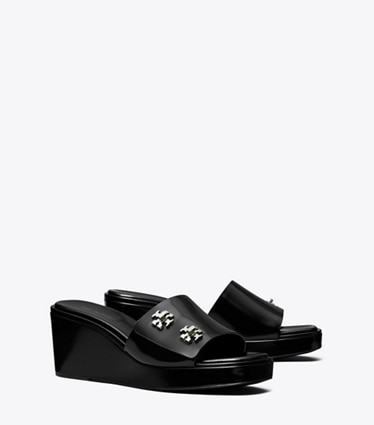 Tory Burch designer sandals Turnlock Wedge Sandal in PERFECT BLACK angle