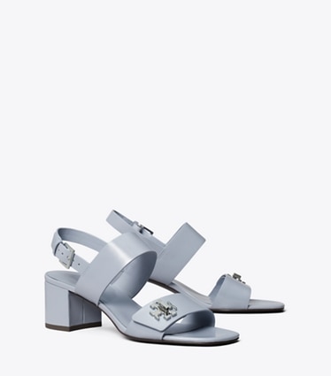 Tory Burch designer サンダル ターンロック ヒールサンダル in VAPOR BLUE angle