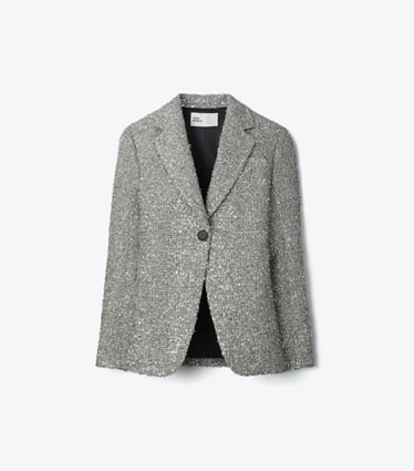 Tory Burch designer jackets Tweed Blazer in Silver Lurex Crosshatch Tinsel Tweed front