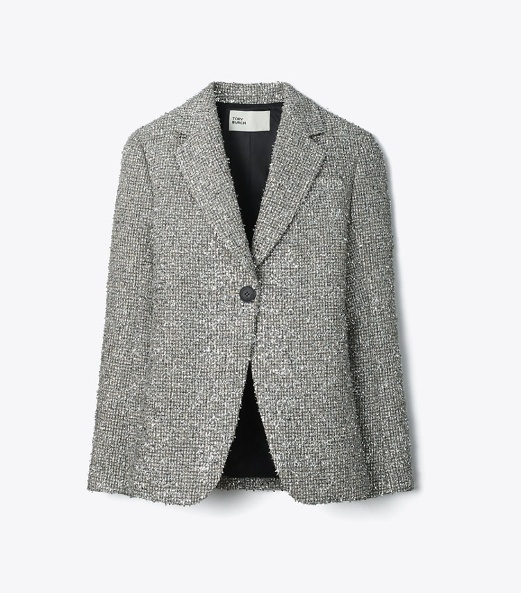 Tory Burch designer jackets Tweed Blazer in Silver Lurex Crosshatch Tinsel Tweed front