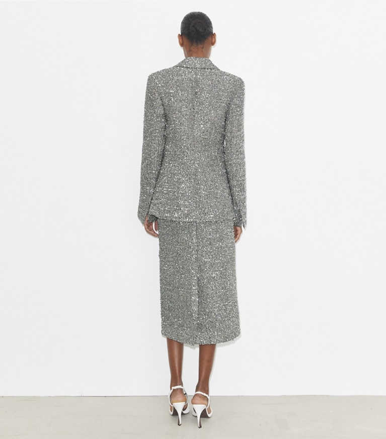 Tory Burch designer jackets Tweed Blazer in Silver Lurex Crosshatch Tinsel Tweed front