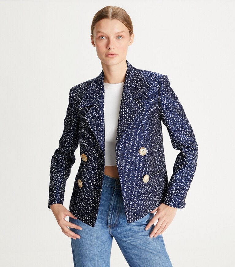 Tory Burch designer jackets Tweed Blazer in Navy/White front