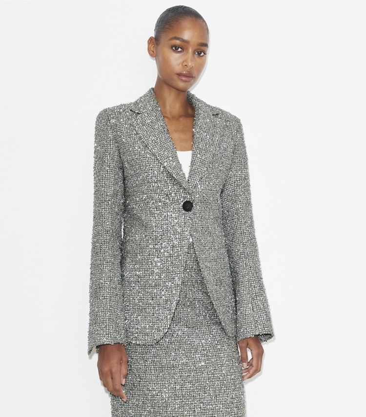Tory Burch designer jackets Tweed Blazer in Silver Lurex Crosshatch Tinsel Tweed on model detail