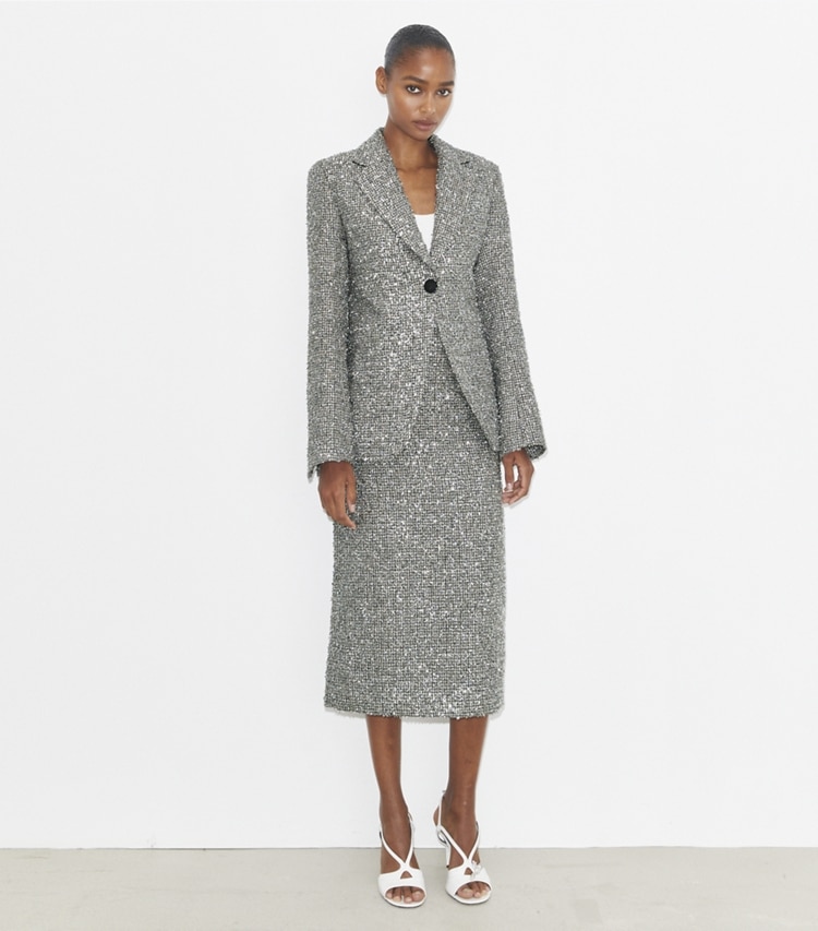 Tory Burch designer jackets Tweed Blazer in Silver Lurex Crosshatch Tinsel Tweed on model front