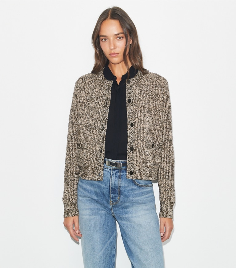 Tory Burch designer sweaters Tweed Cardigan in Black White Multi/ Oatmeal Melange front