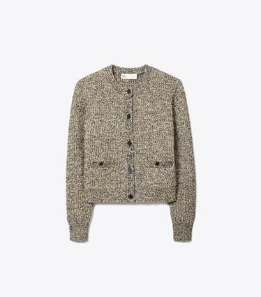 Tory Burch designer sweaters Tweed Cardigan in Black White Multi/ Oatmeal Melange front