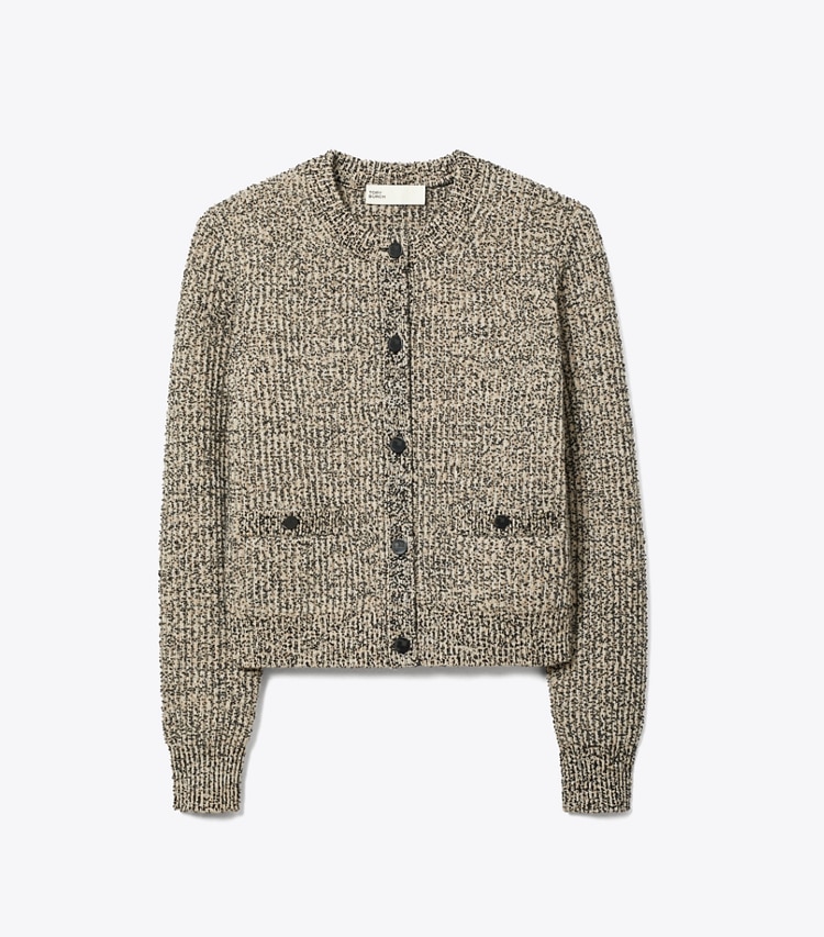 Tory Burch designer sweaters Tweed Cardigan in Black White Multi/ Oatmeal Melange front