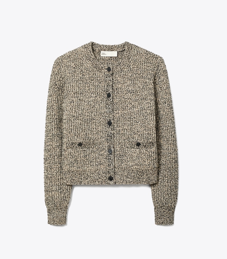 Tory Burch designer sweaters Tweed Cardigan in Black White Multi/ Oatmeal Melange front