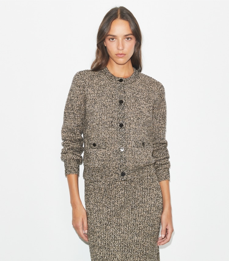 Tory Burch designer sweaters Tweed Cardigan in Black White Multi/ Oatmeal Melange on model detail