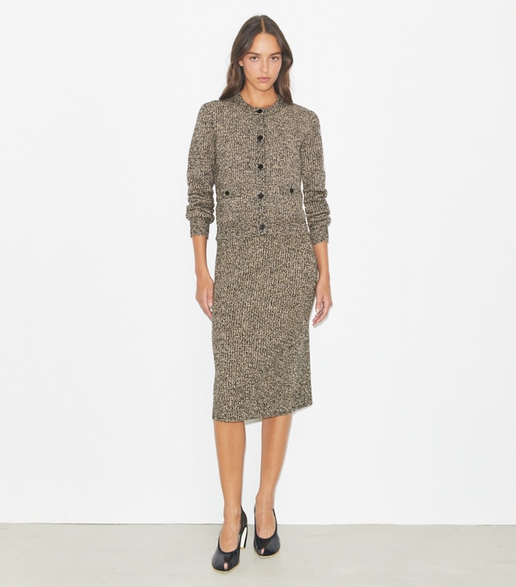 Tory Burch designer sweaters Tweed Cardigan in Black White Multi/ Oatmeal Melange on model front