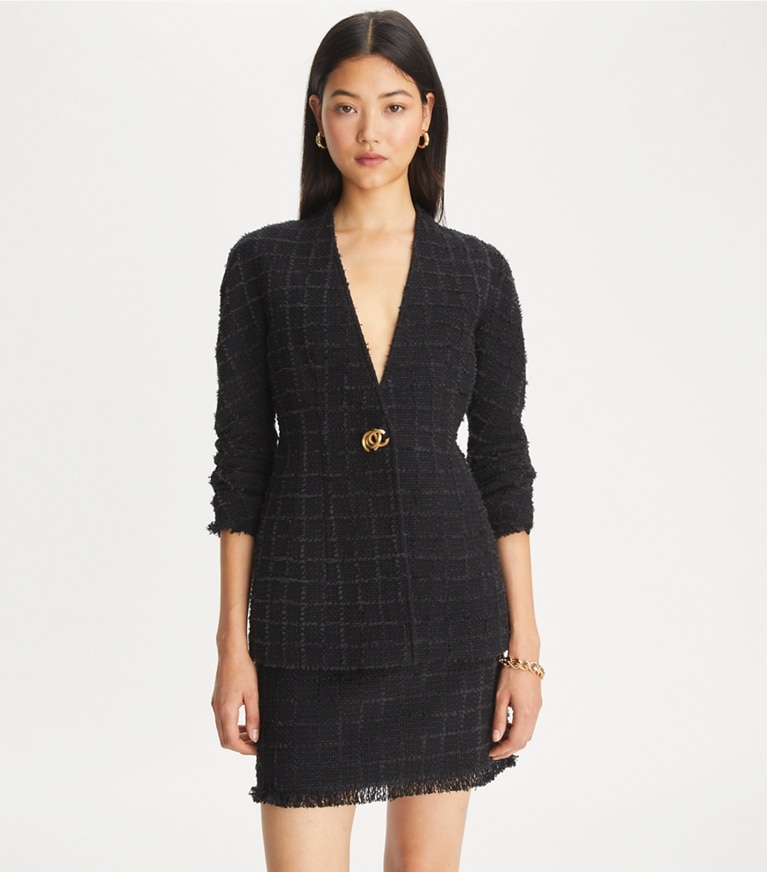 Tory Burch designer bottoms Tweed Mini Skirt in Black/Black front