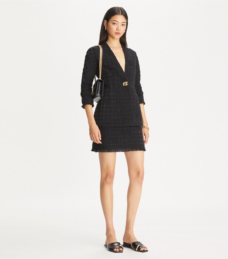Tory Burch designer bottoms Tweed Mini Skirt in Black/Black on model front