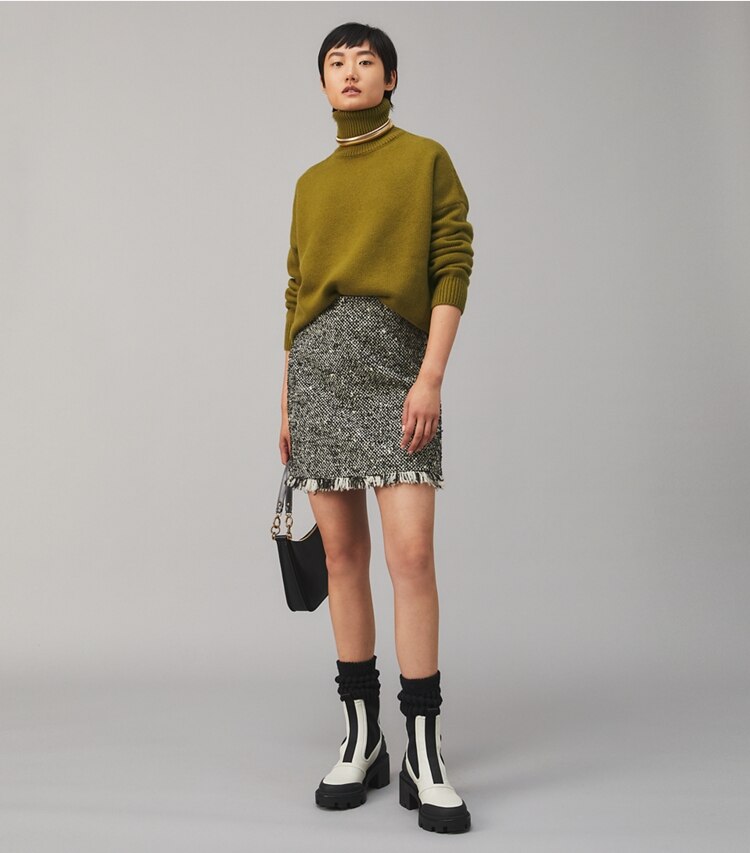 Tory Burch designer bottoms Tweed Mini Skirt in BLACK / IVORY on model front