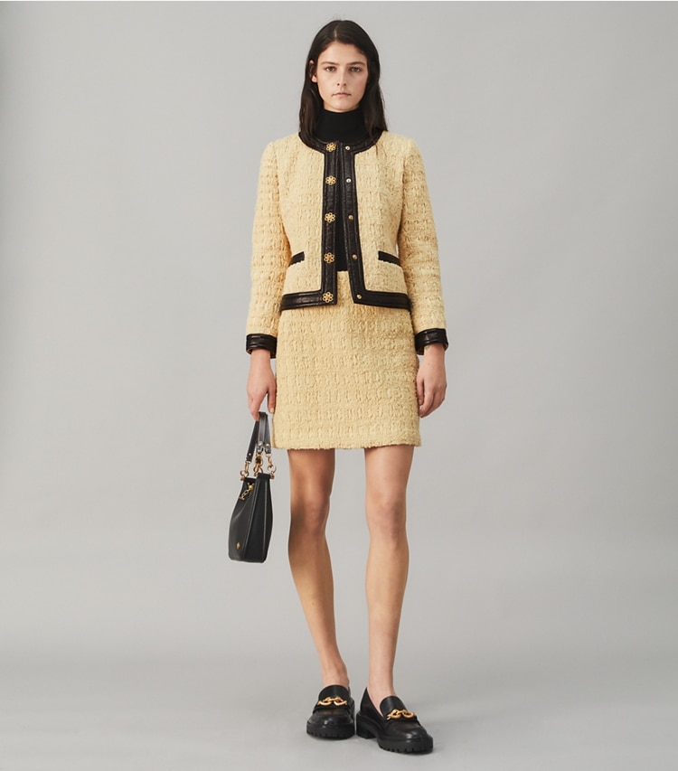 Tory Burch designer bottoms Tweed Mini Skirt in Dark Natural Ivory on model front