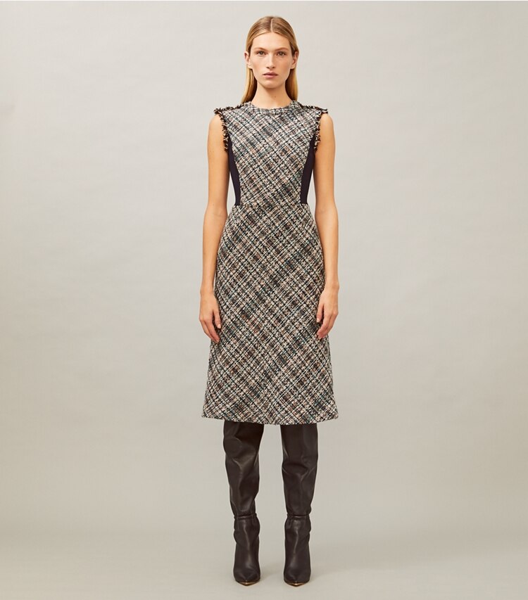 Tory Burch designer dresses Tweed Pencil Dress in Autumn Tweed on model front