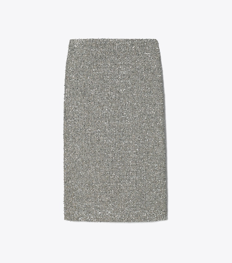 Tory Burch designer bottoms Tweed Skirt in Silver Lurex Crosshatch Tinsel Tweed front