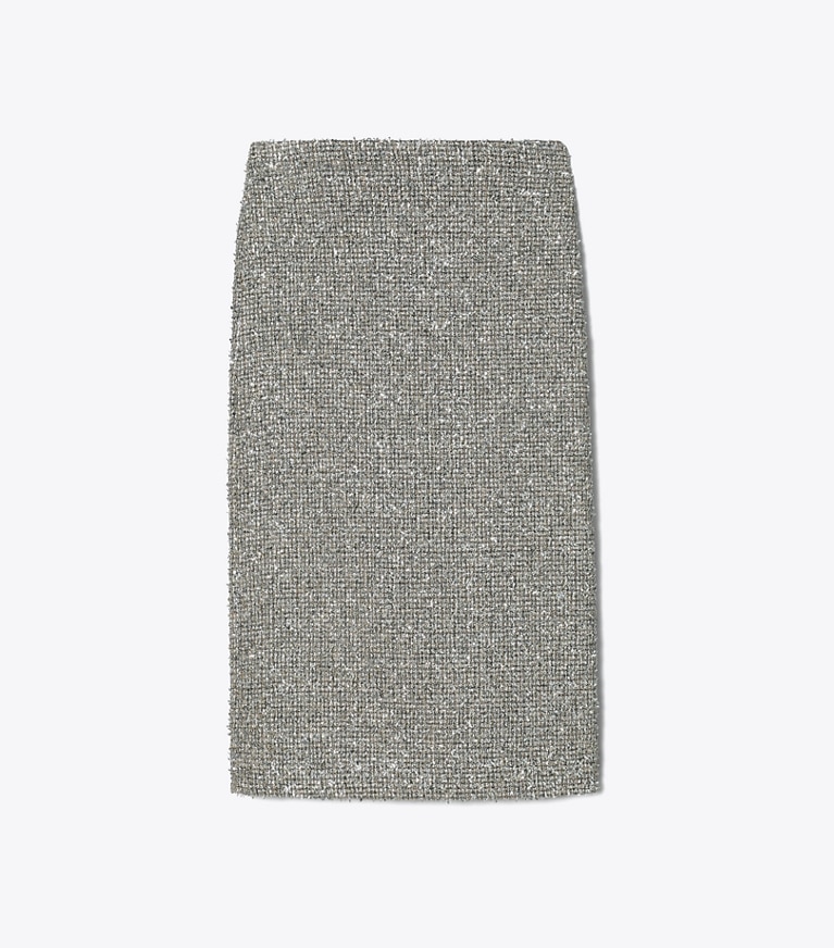 Tory Burch designer bottoms Tweed Skirt in Silver Lurex Crosshatch Tinsel Tweed front