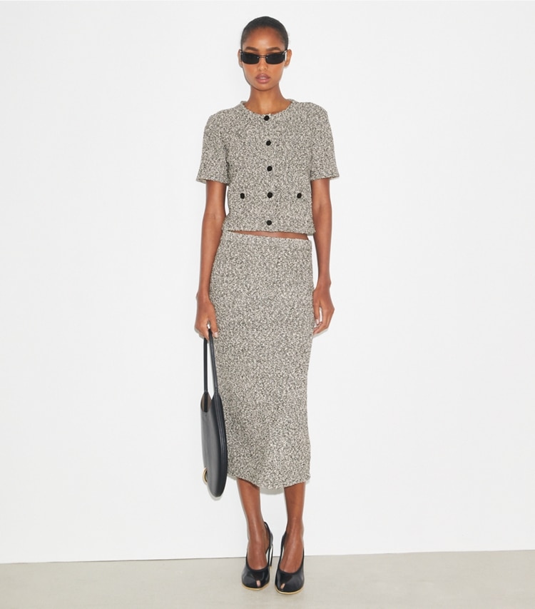 Tory Burch designer bottoms Tweed Skirt in Black Truffle on model front