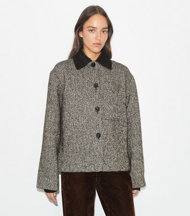 Tory Burch designer coats Twill Barn Jacket in Dark Mocha/New Ivory on model detail