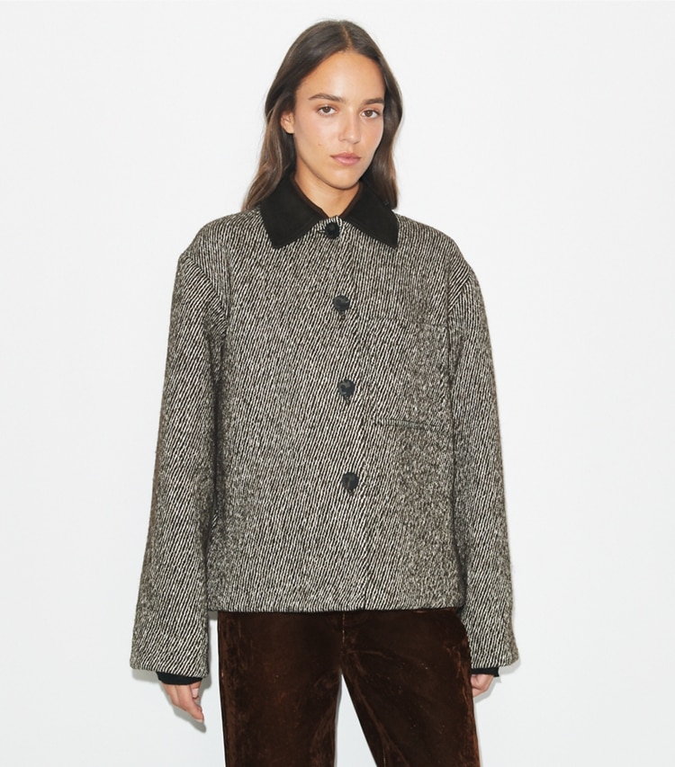 Tory Burch designer coats Twill Barn Jacket in Dark Mocha/New Ivory on model detail