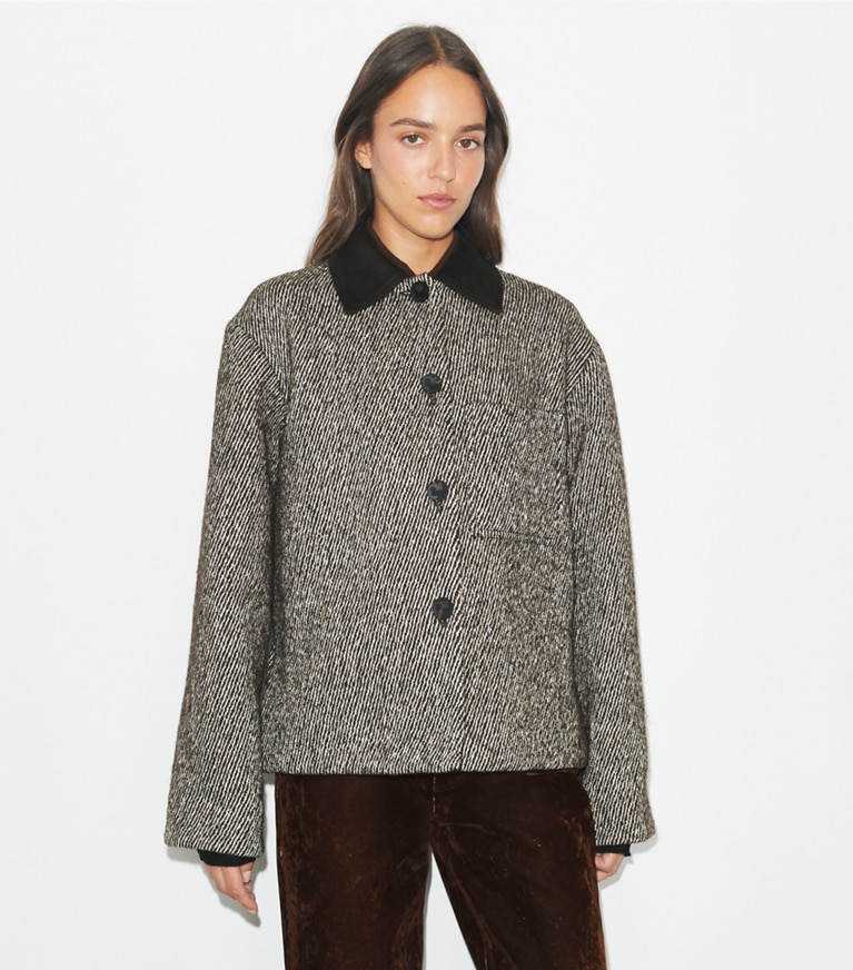 Tory Burch designer coats Twill Barn Jacket in Dark Mocha/New Ivory on model detail