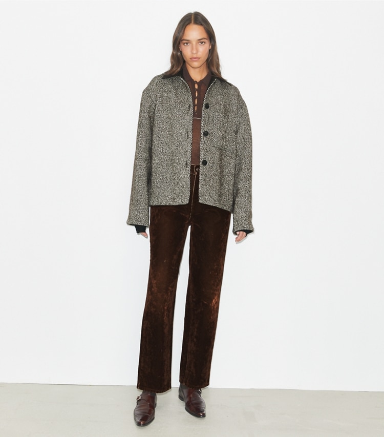 Tory Burch designer coats Twill Barn Jacket in Dark Mocha/New Ivory on model front
