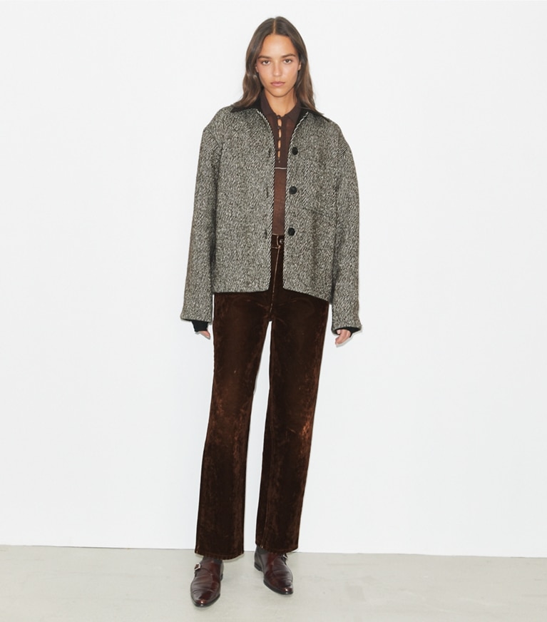 Tory Burch designer coats Twill Barn Jacket in Dark Mocha/New Ivory on model detail