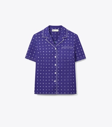 Tory Burch designer coverups Twill Camp Shirt in Ballpoint Ink Nothing Ditsy front