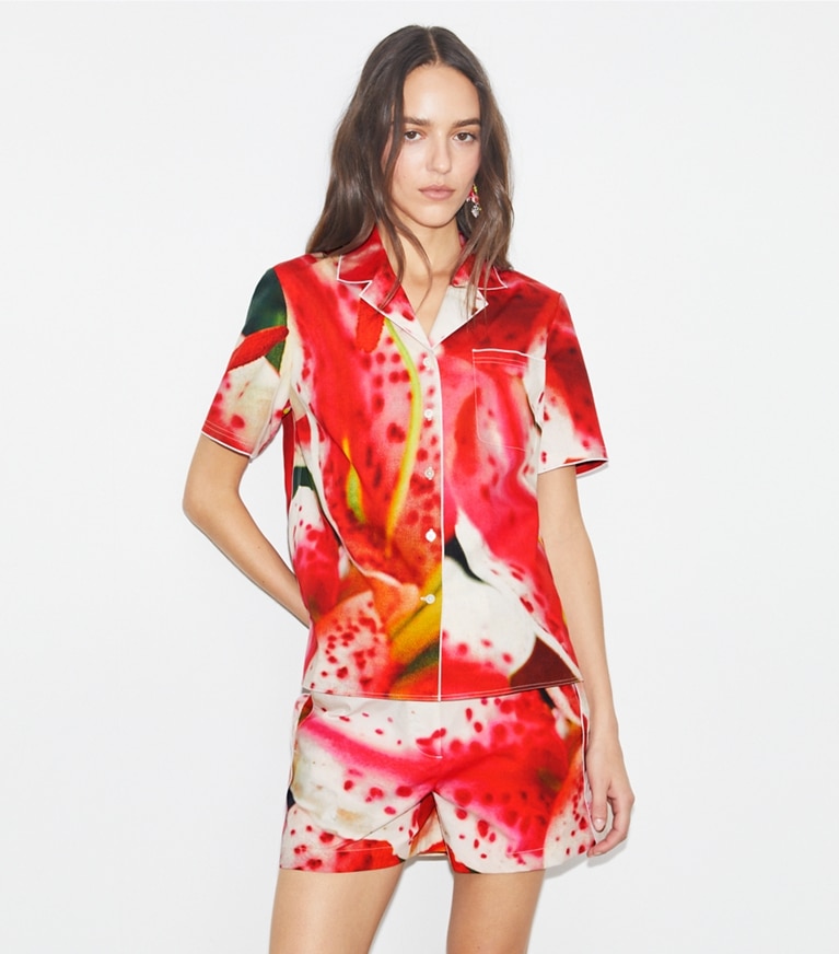 Tory Burch designer Twill Camp Shirt in Pink Lily front