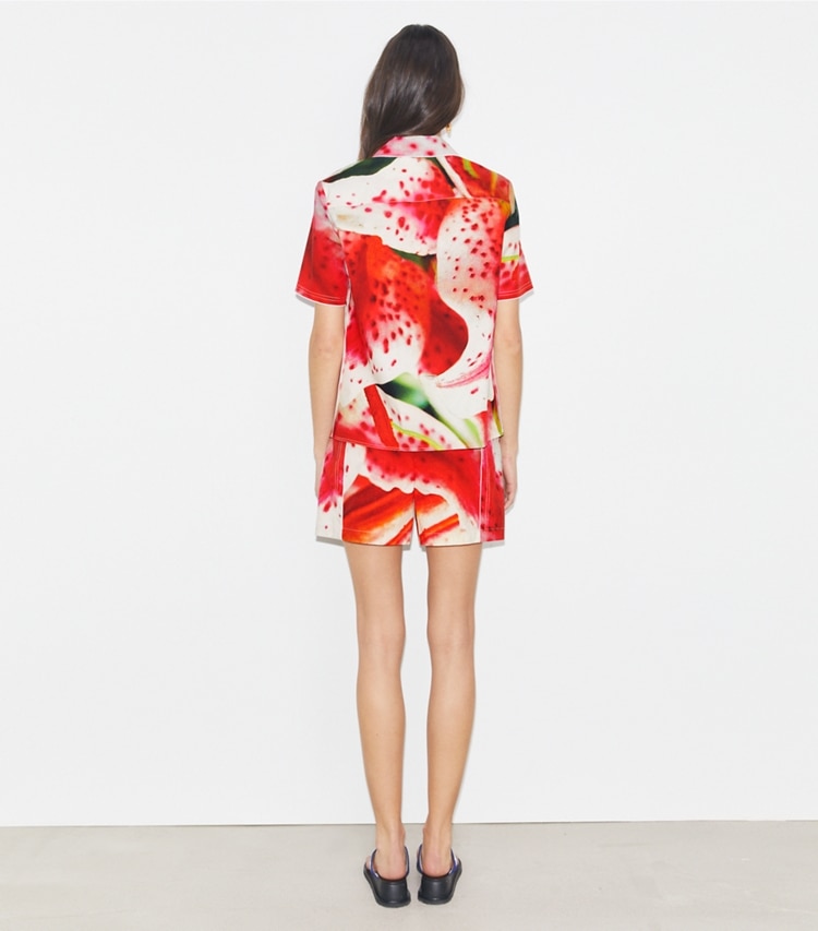 Tory Burch designer coverups Twill Camp Short in Pink Lily on model back