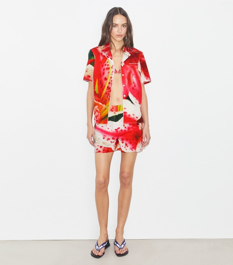 Tory Burch designer coverups Twill Camp Short in Pink Lily on model front