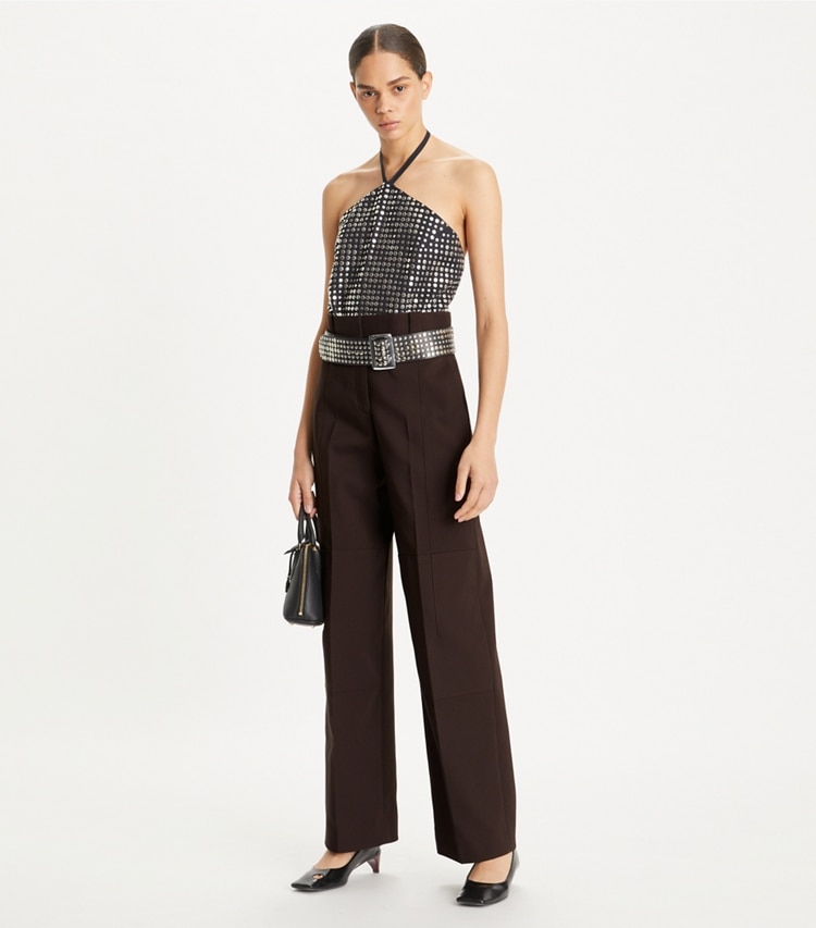 Tory Burch designer bottoms Twill Cargo Pant in Dark Mocha on model front