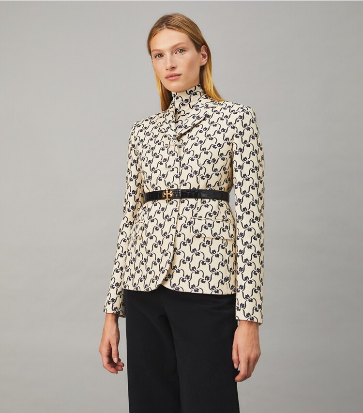 Tory Burch designer jackets Twill Crepe Jacket in NAVY STENCIL FLORAL on model detail