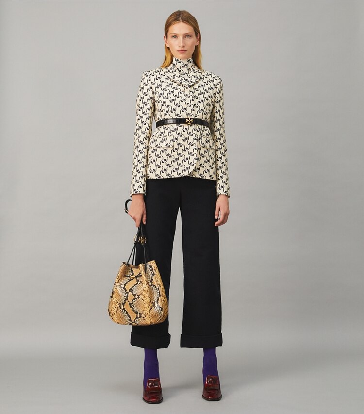 Tory Burch designer jackets Twill Crepe Jacket in NAVY STENCIL FLORAL on model front