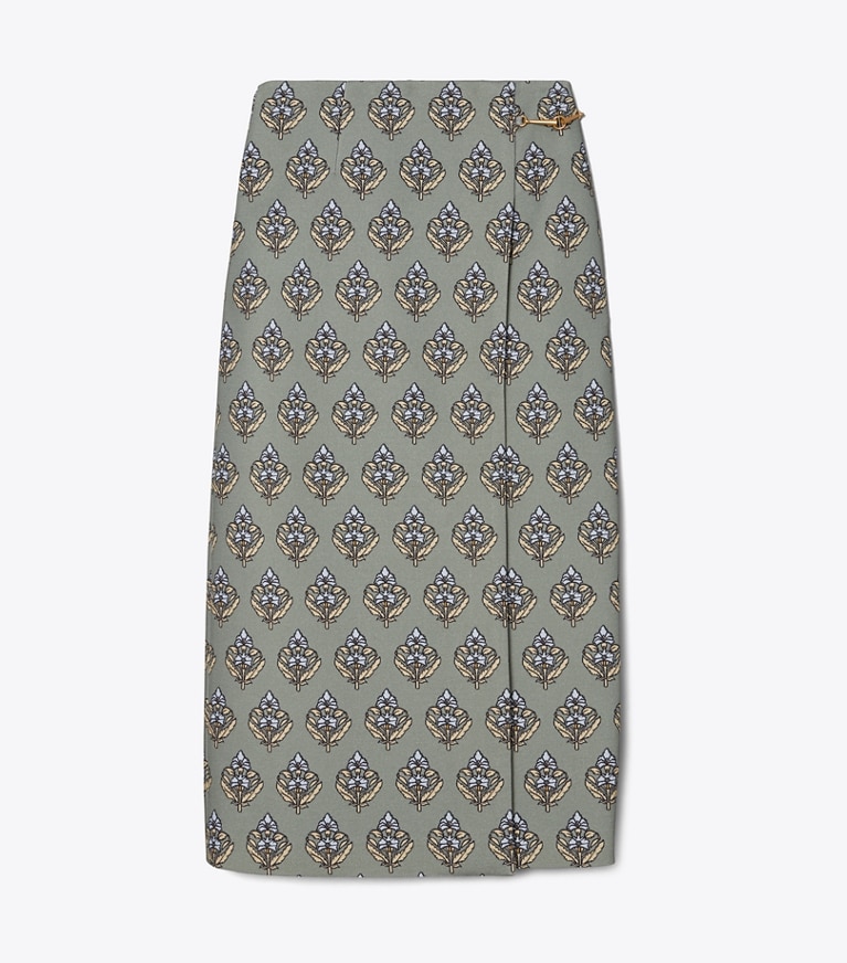 Tory Burch designer bottoms Twill Crepe Wrap Skirt in BLUE SAGE BLOCK PRINT front