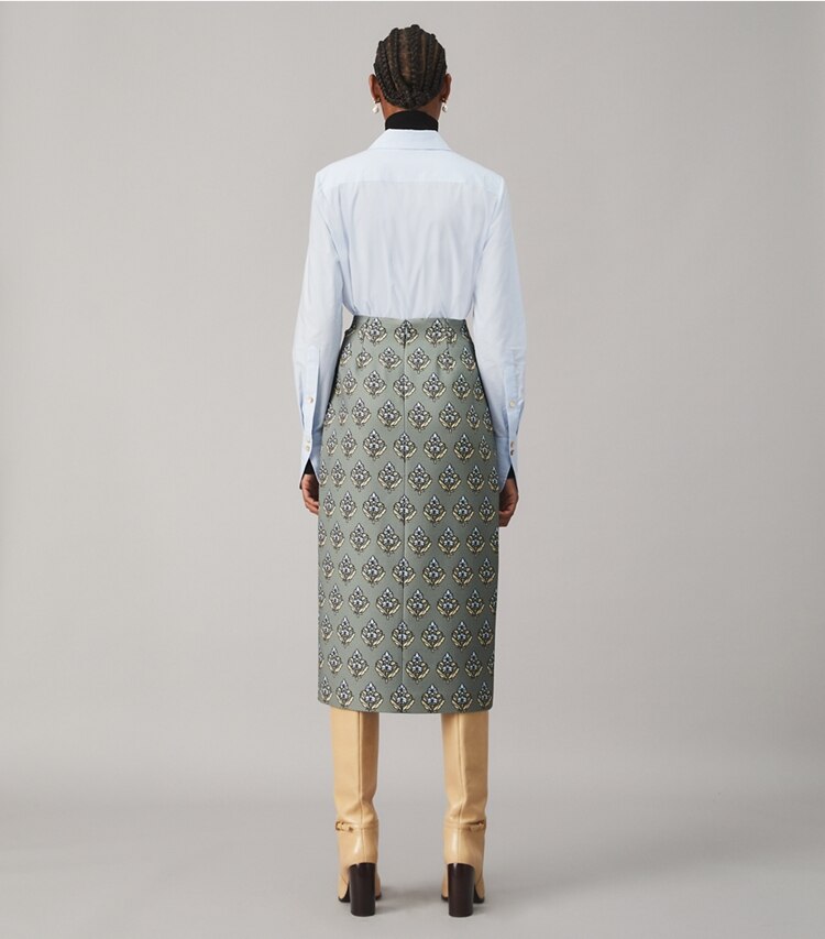 Tory Burch designer bottoms Twill Crepe Wrap Skirt in BLUE SAGE BLOCK PRINT on model back