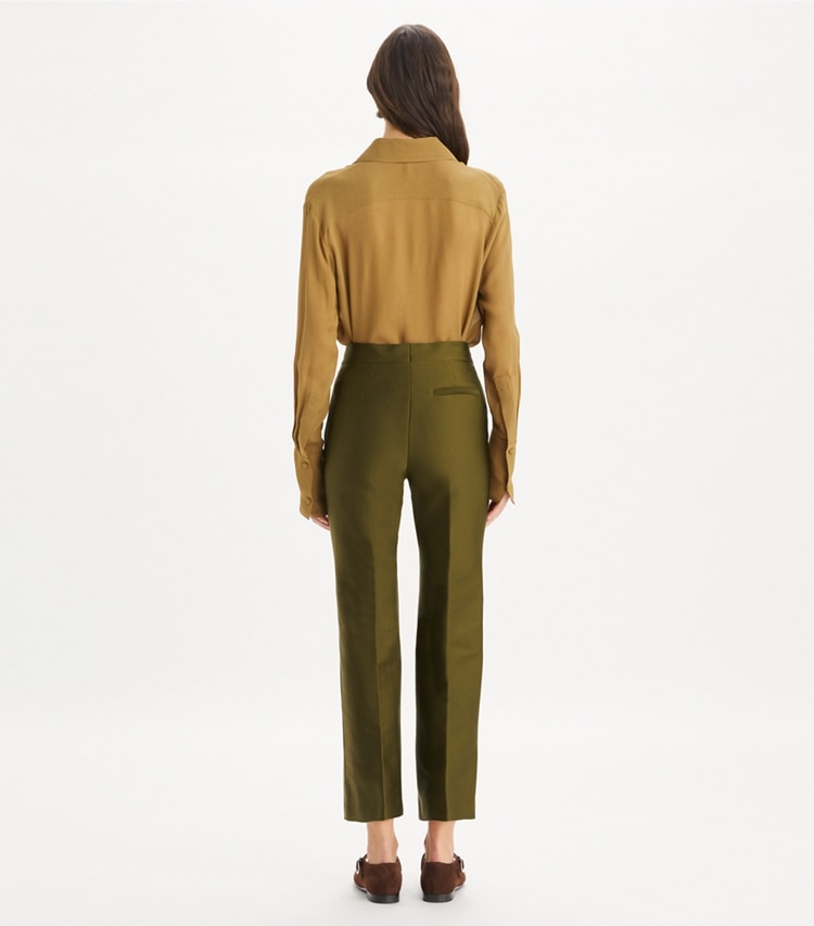 Tory Burch designer bottoms Twill Trouser in Dark Oliva on model back